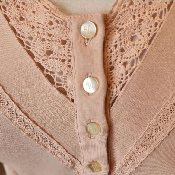 Ralph Lauren 3/4 sleeve Lace trim Henley pale pink - Picture 2 of 6
